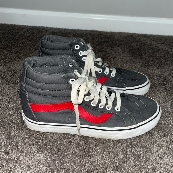 Gray and Red High Top Lace Up Vans Sneakers - Picture 2 of 7
